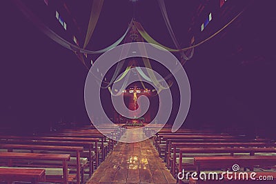 interior of church, crucifix, jesus on the cross in church, religious place background Stock Photo