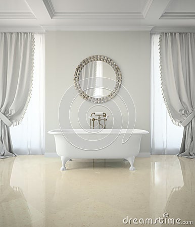 Interior of classic bathroom with curtains round mirror 3D rendering Stock Photo