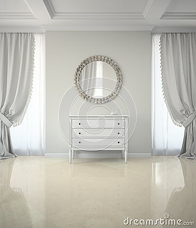 Interior of classic room with round mirror and cabinet 3D render Stock Photo