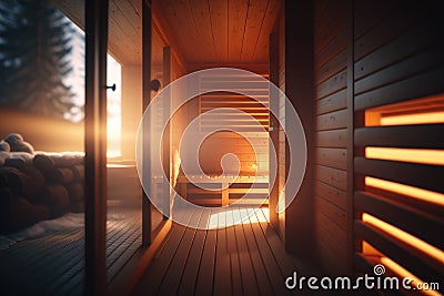 Interior classic wooden Finnish sauna. Wooden interior. Spa complex Stock Photo