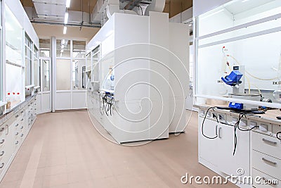 Interior of clean modern white medical or chemical laboratory background. Laboratory concept without people Stock Photo