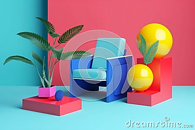 design geometric colourful room sofa space home interior memphis armchair art. Generative AI. Stock Photo
