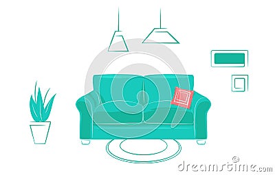 Interior comfortable living room in linear Flat design, trendy style. Concept real estate website template. Green Vector Illustration