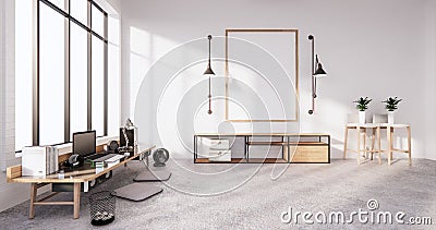 interior Computer and office tools on mini desk in white concrete floor and white brick wall design. 3D rendering Stock Photo