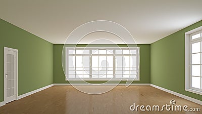 Interior Concept of an Empty Room with Parquet, White Plinth and a Green Walls Stock Photo