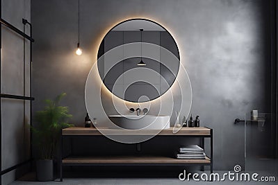 design gray luxury concrete interior sink room mirror bathroom illumination home. Generative AI. Cartoon Illustration