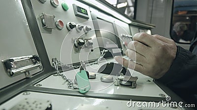 Interior control place of train, inside view. Stock Photo