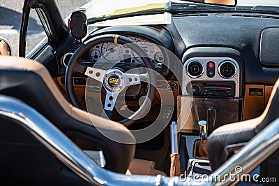 Interior of a convertible Japanese Mazda Mx-5 Miata sports car Editorial Stock Photo