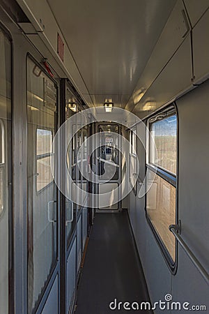 Interior of corridor of old coach from Brno to Plzen in spring morning Stock Photo