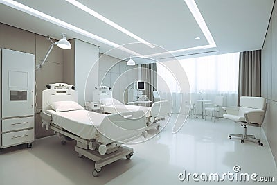 Interior of cozy and clean patient room with hospital bed and window, facilities in hospital, healtcare, insurance, wellness Stock Photo