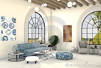 country style living room interior with big round windows Stock Photo