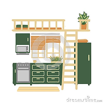 Interior of a cozy kitchen isolated on white background. Trendy home decor with plants in pots. Vector illustration in the style Cartoon Illustration