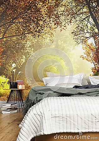 Interior of a cozy Rustic Bedroom with a country nature wall mural background. Stock Photo