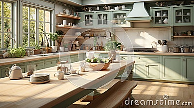 Interior of cozy vintage kitchen country style. Wooden dining table and chairs, light green furniture, glass cabinets Stock Photo