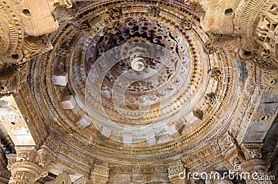 Interior crafted designs roof on rocks at Sun Temple Modhera Stock Photo