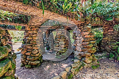 Interior of a crumbling stone building Stock Photo