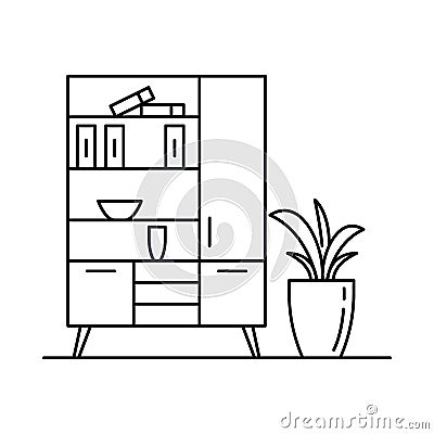 Interior with cupboard books chest of drawers in outline style Vector Illustration