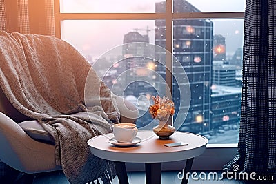 Interior with cushioned chair and table with coffee and smartphone against backdrop of winter city outside window. place Stock Photo
