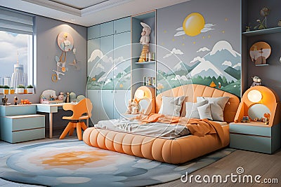 Interior of a cute child's bedroom with mountain view wallpaper, comfortable bed, wardrobe, desk and many doll Stock Photo