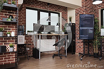 Interior of cyber security office center with neural networks and machine learning computers. Stock Photo