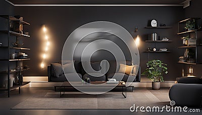 Interior of dark living room with couch, shelving units and glowing lamps Stock Photo