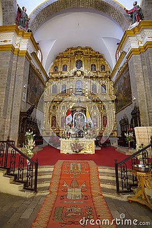 Interior decor of the Huamanga Cathedral Basilica of St. Mary, Ayacucho, Peru Editorial Stock Photo