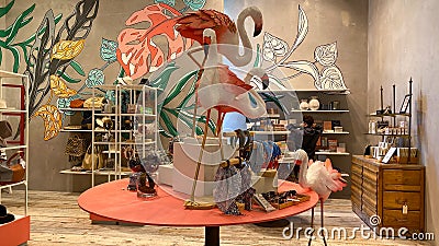 The interior decor with Pink Flamingos and hair ties for sale at an Anthropologie store at an outdoor mall in Orlando, Florida Editorial Stock Photo