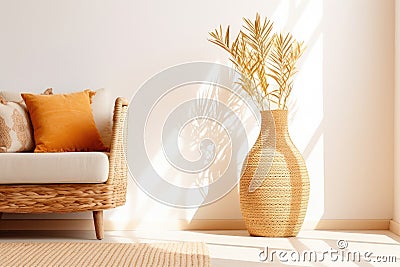 Interior decoration with Boho style and cozy warm tone bright colors, Scandinavian and modern style with wicker vases, minimal Stock Photo