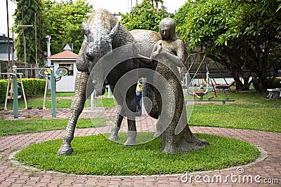 Interior decoration gardening with modern contemporary art crafts in garden patio of Ratchaburi National Museum for thai people Editorial Stock Photo