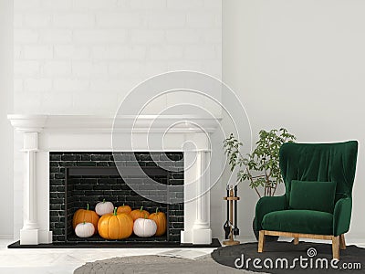 Interior decoration for Halloween with classic fireplace Stock Photo