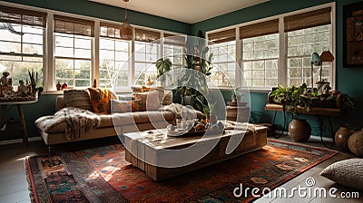 Interior deisgn of Living Room in Bohemian style with Large windows Stock Photo