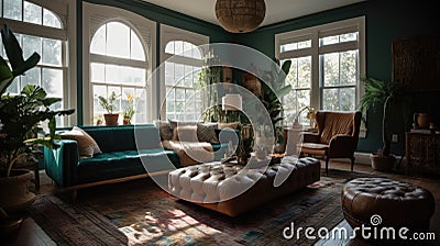 Interior deisgn of Living Room in Bohemian style with Large windows Stock Photo