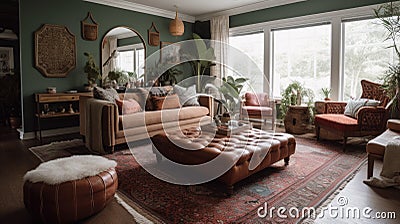 Interior deisgn of Living Room in Bohemian style with Large windows Stock Photo