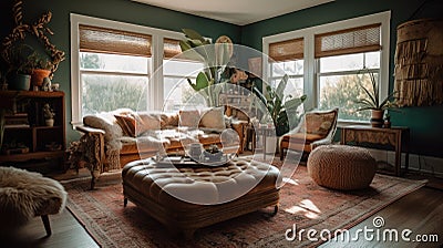 Interior deisgn of Living Room in Bohemian style with Large windows Stock Photo