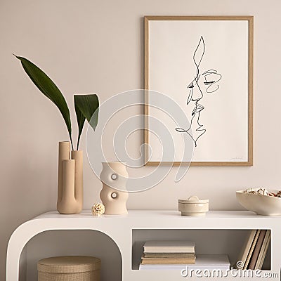 Interior design of aesthetic and elegant room with mock up poster frame, white commode, plants, book, decoration, vase with leaf Stock Photo