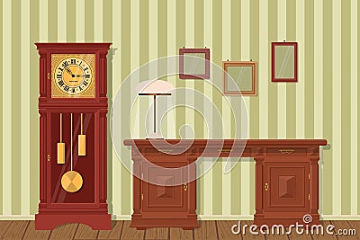 Interior design. Antique desk, grandfather clock, lamp with lampshade and frames on background of striped wallpaper Vector Illustration