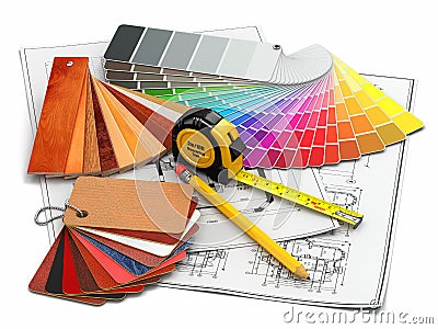 Interior design. Architectural materials tools and blueprints Stock Photo