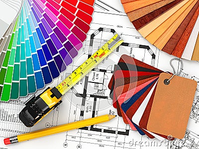 Interior design. Architectural materials tools and blueprints Stock Photo