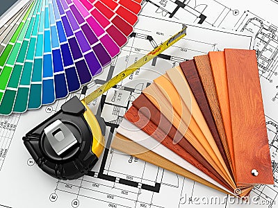 Interior design. Architectural materials tools and blueprints Stock Photo