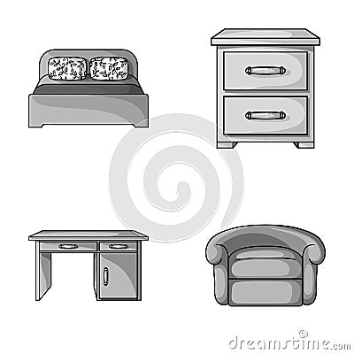 Interior, design, bed, bedroom .Furniture and home interiorset collection icons in monochrome style vector symbol stock Vector Illustration