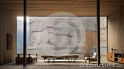 Ascetic minimalism defines the interior architecture wood stone plants Stock Photo