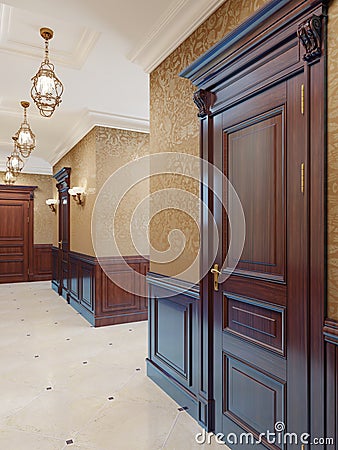 Interior design of a classic hall corridor with yellow wallpaper, brown doors and wood paneling. Backlit paintings and sconces on Stock Photo