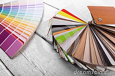 Interior design - color and wood material samples on the table Stock Photo