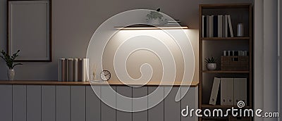 Interior design of a cozy minimalist room at night with copy space on a minimal wooden console table Cartoon Illustration