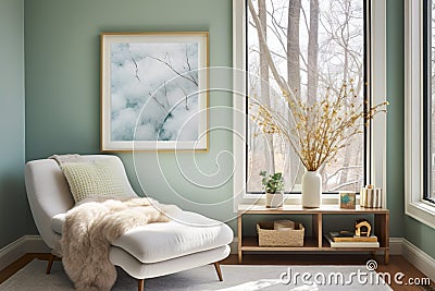 Interior design of a cozy reading hook with contemporary decor, featuring a comfortable armchair and ottoman set a top a plush Stock Photo