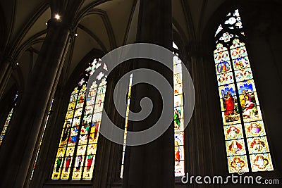 Interior design and decorate furniture stained glass of Cologne Cathedral or Hohe Domkirche St Petrus und Maria or Kolner Dom Editorial Stock Photo