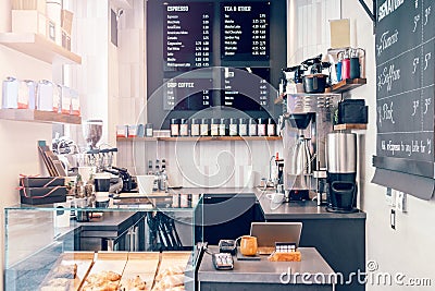 Interior design details of empty modern coffee shop restaurant at daytime. Small local business. Stock Photo