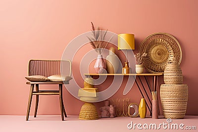 Interior design of entryway with chair, shelf, boho decor and elegant accessoreis. Trendy neutral peach wall color. Stylish home Stock Photo
