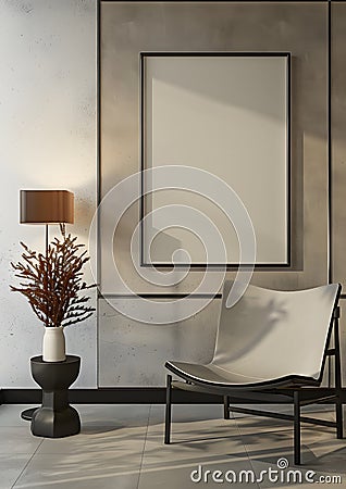 a living room with a chair , lamp , vase of flowers and a picture on the wall Stock Photo