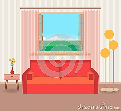 Interior design in flat style of living room with furniture, sofa, flower, lamp and window. Vector Illustration